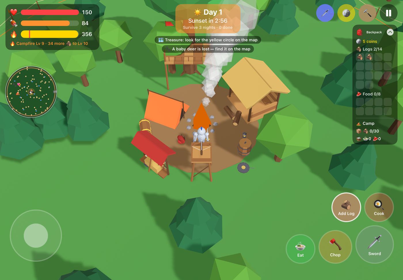 A built-up camp: Treehouse, thatched shed, turret, weapon rack, chest, barrel and tent inside the camp fence.