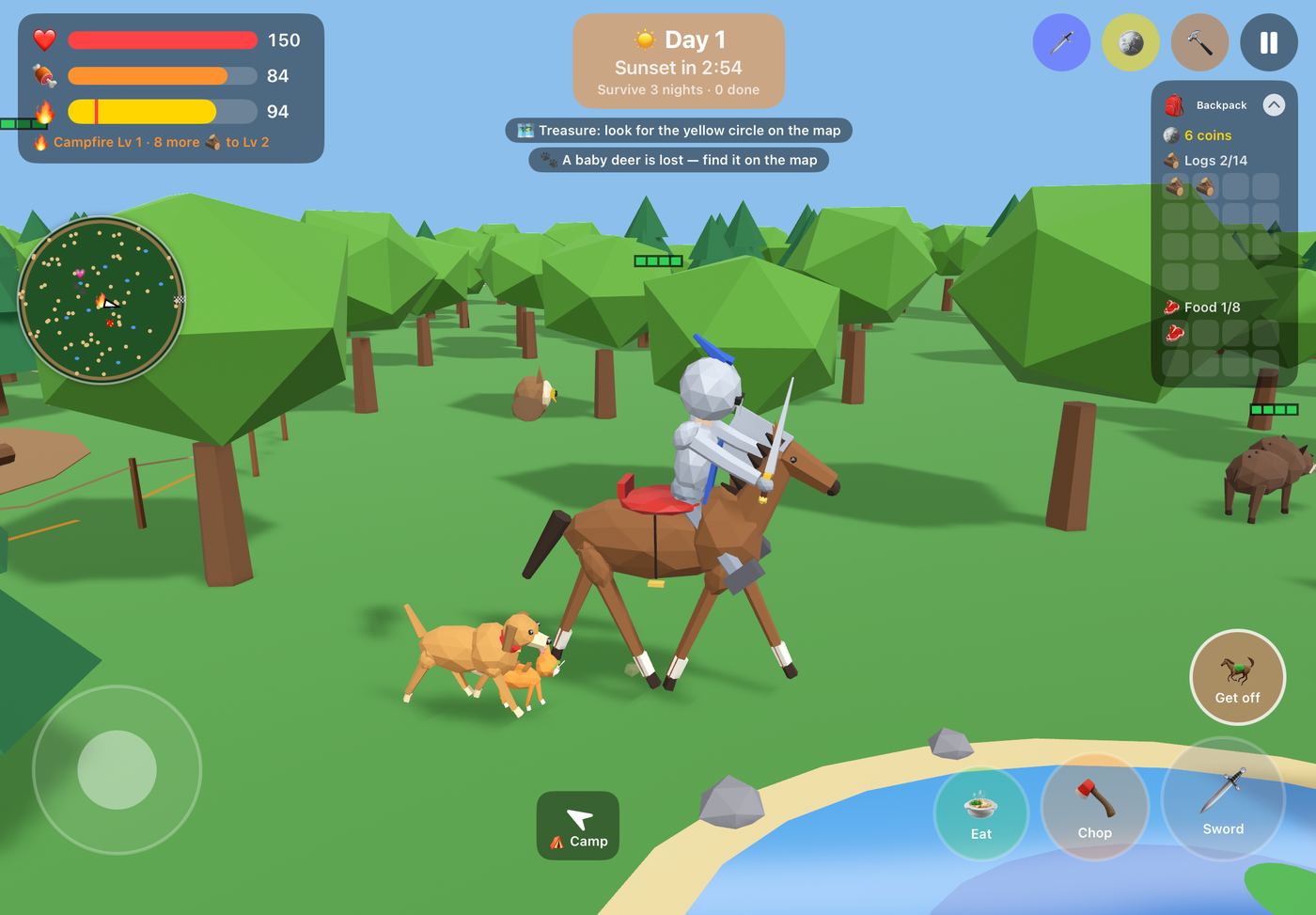 Riding the horse: Saddle up and gallop through the forest with the dog and cat close behind.