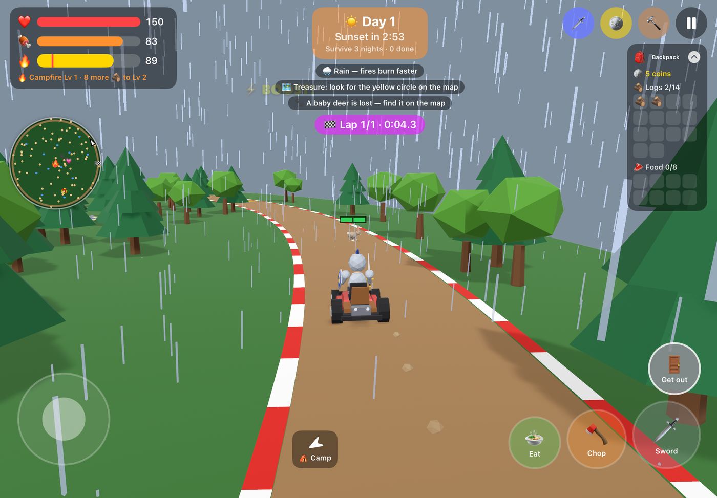 Racing in the rain: The racetrack with curbs and boost pads, a lap timer, and rain falling around you.
